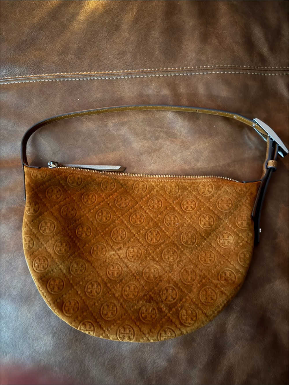 Tory Burch Cognac Suede Crescent Shoulder Bag